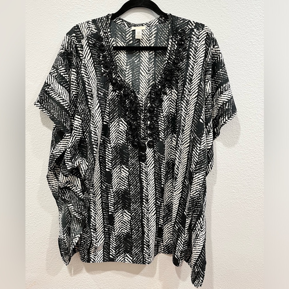 Chico’s Black and white striped tropical embellished blouse/cover up